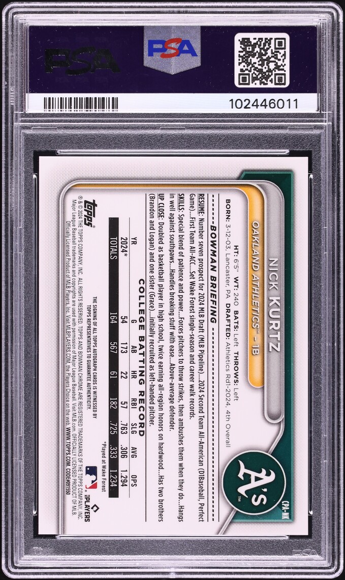 2024 Bowman Chrome Draft Nick Kurtz PROSPECT AUTO #CPA-NK PSA 10 GEM MINT