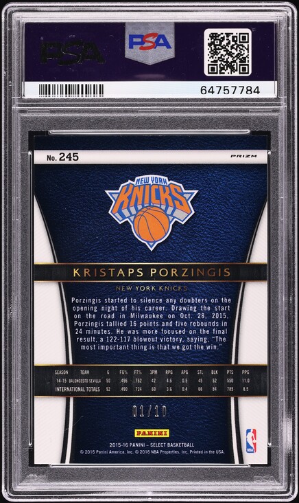 2015 Select Gold Prizm Kristaps Porzingis ROOKIE 1/10 #245 PSA 10