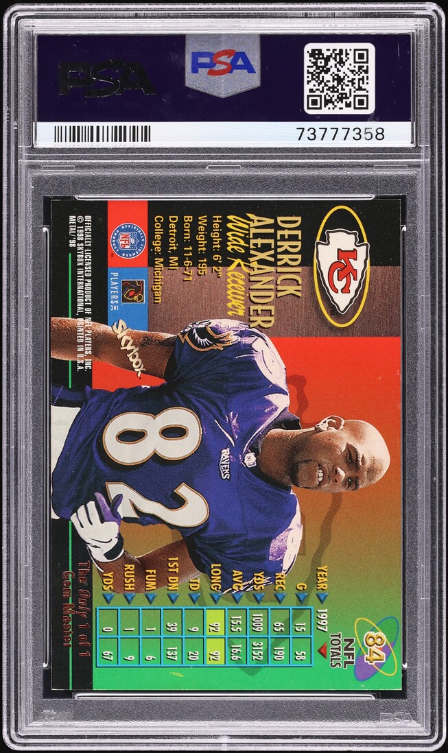 1998 Metal Universe Precious Metal Gems PMG Master Derrick Alexander 1/1 PSA 7
