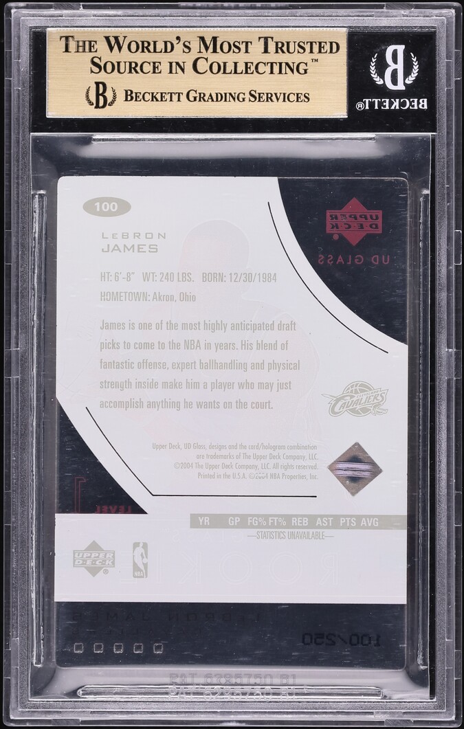 2003 Upper Deck Glass LeBron James ROOKIE /250 #100 BGS 9.5 GEM MINT