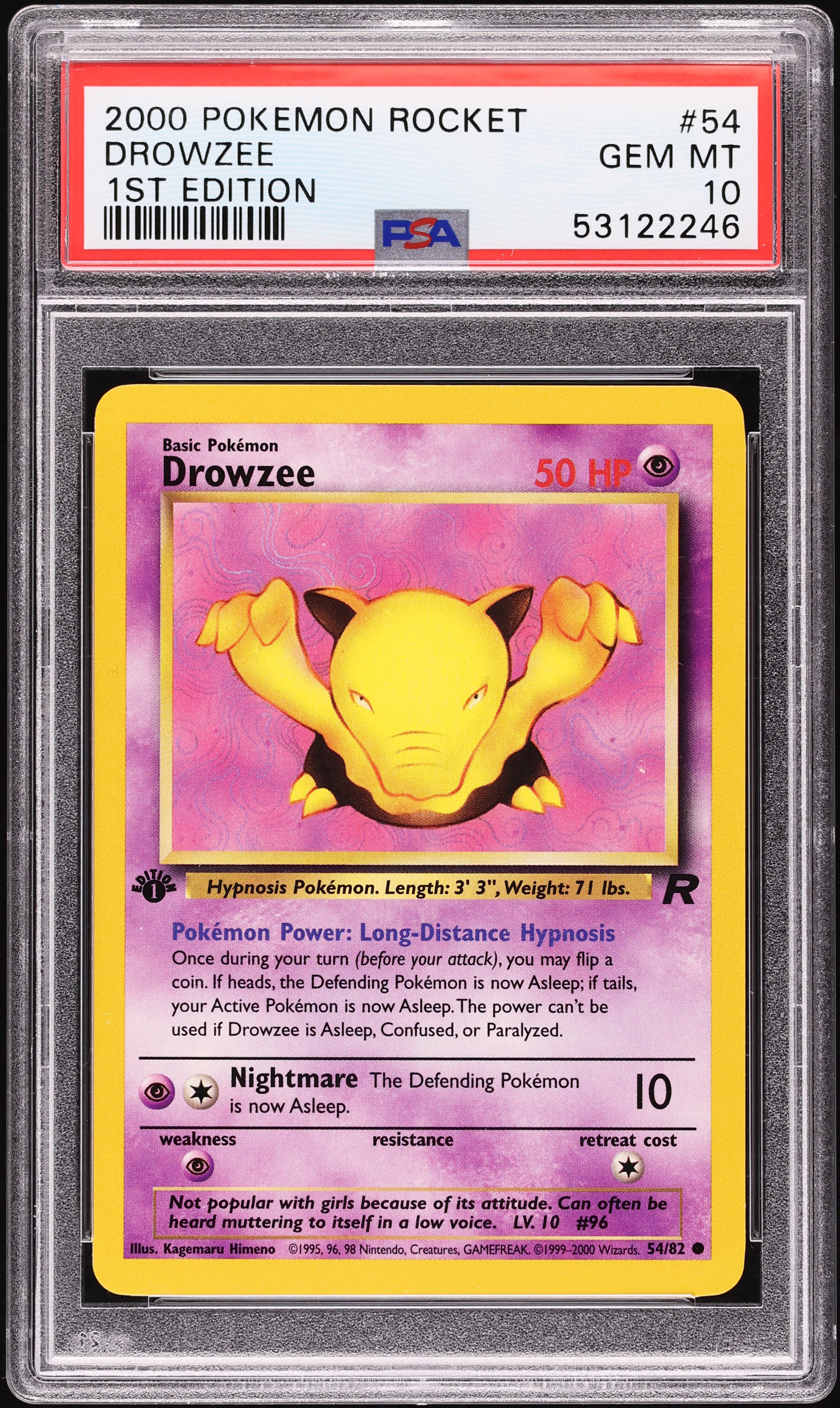 2000 Pokemon Team Rocket 1st Edition Drowzee #54 PSA 10 GEM MINT