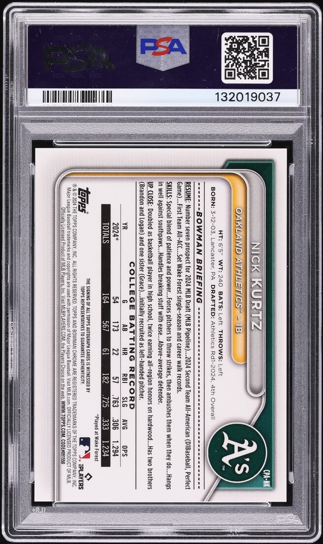 2024 Bowman Chrome Draft Nick Kurtz PROSPECT AUTO #CPA-NK PSA 10 GEM MINT