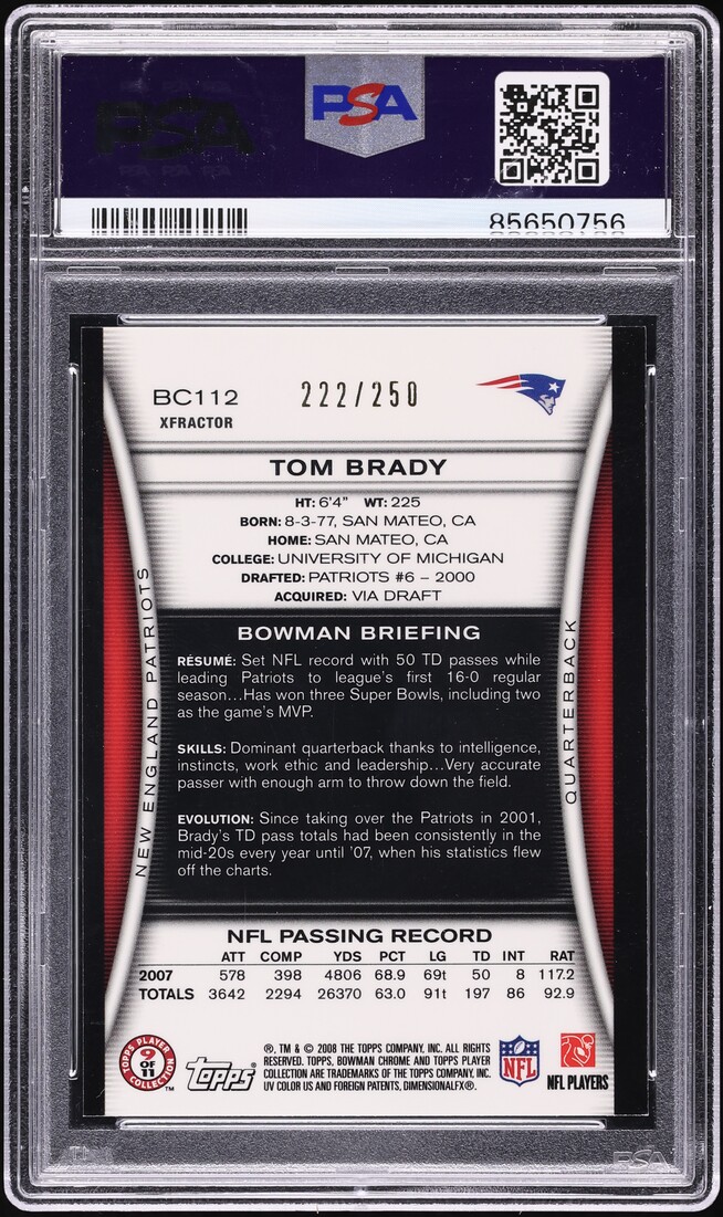 2008 Bowman Chrome Xfractor Tom Brady /250 #BC112 PSA 9 MINT