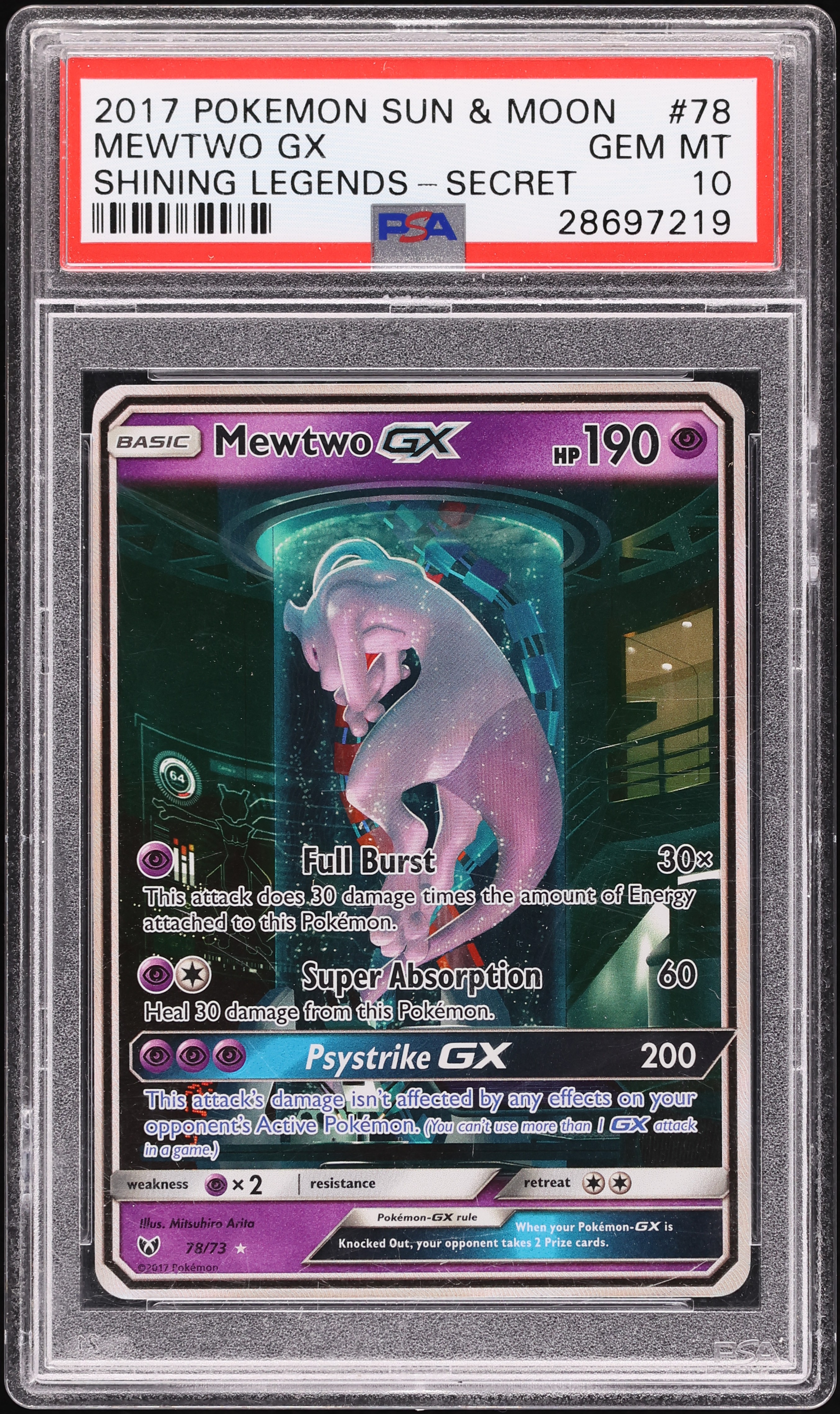 2017 Pokemon Sun & Moon Shining Legends Full Art Mewtwo GX #78 PSA
