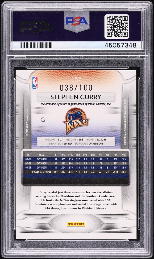 2009 Panini Prestige Light Blue Stephen Curry ROOKIE AUTO /100 #157 PSA 10 GEM MINT