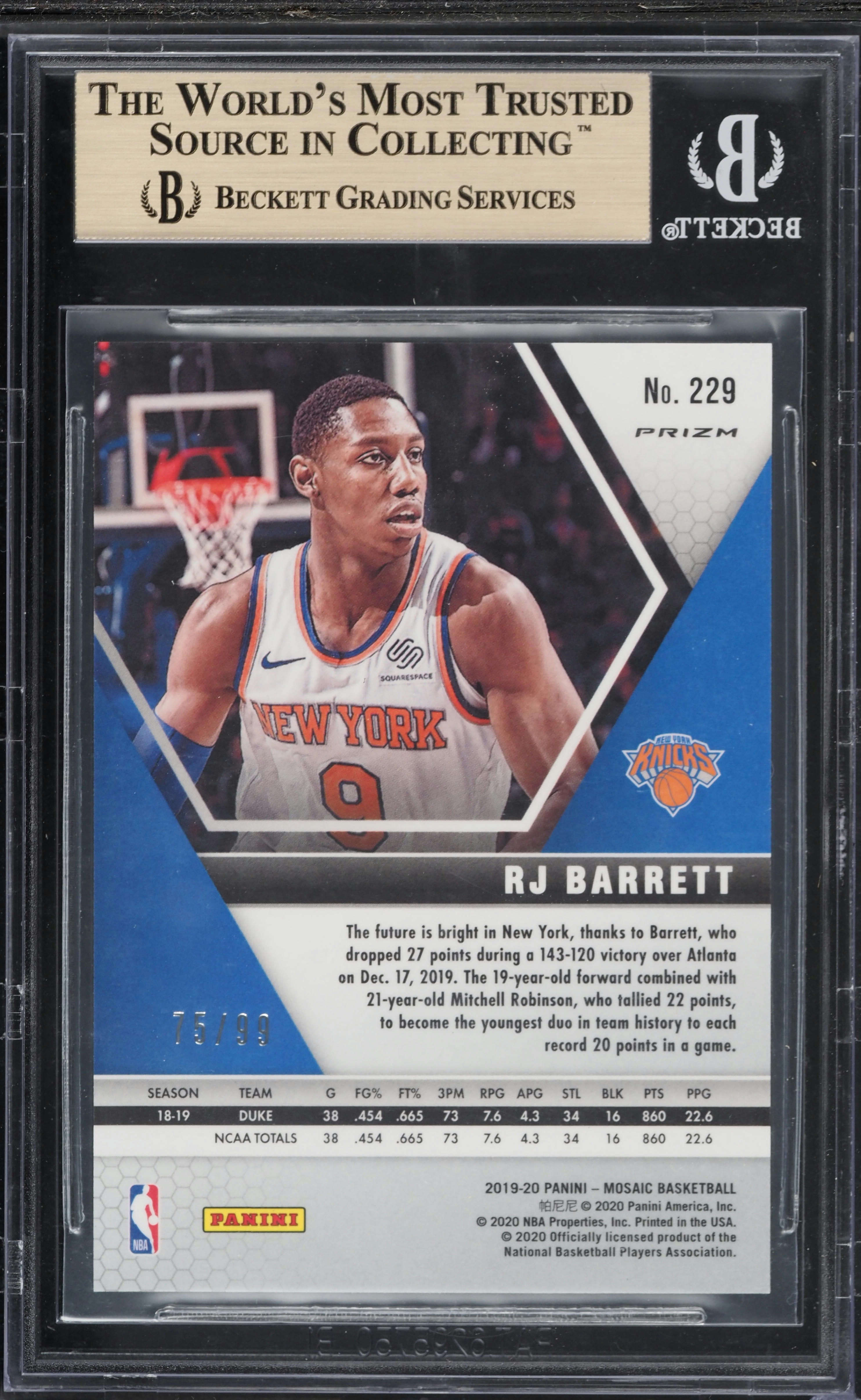 2019 Panini Mosaic Blue RJ Barrett ROOKIE /99 #229 BGS 9.5 GEM