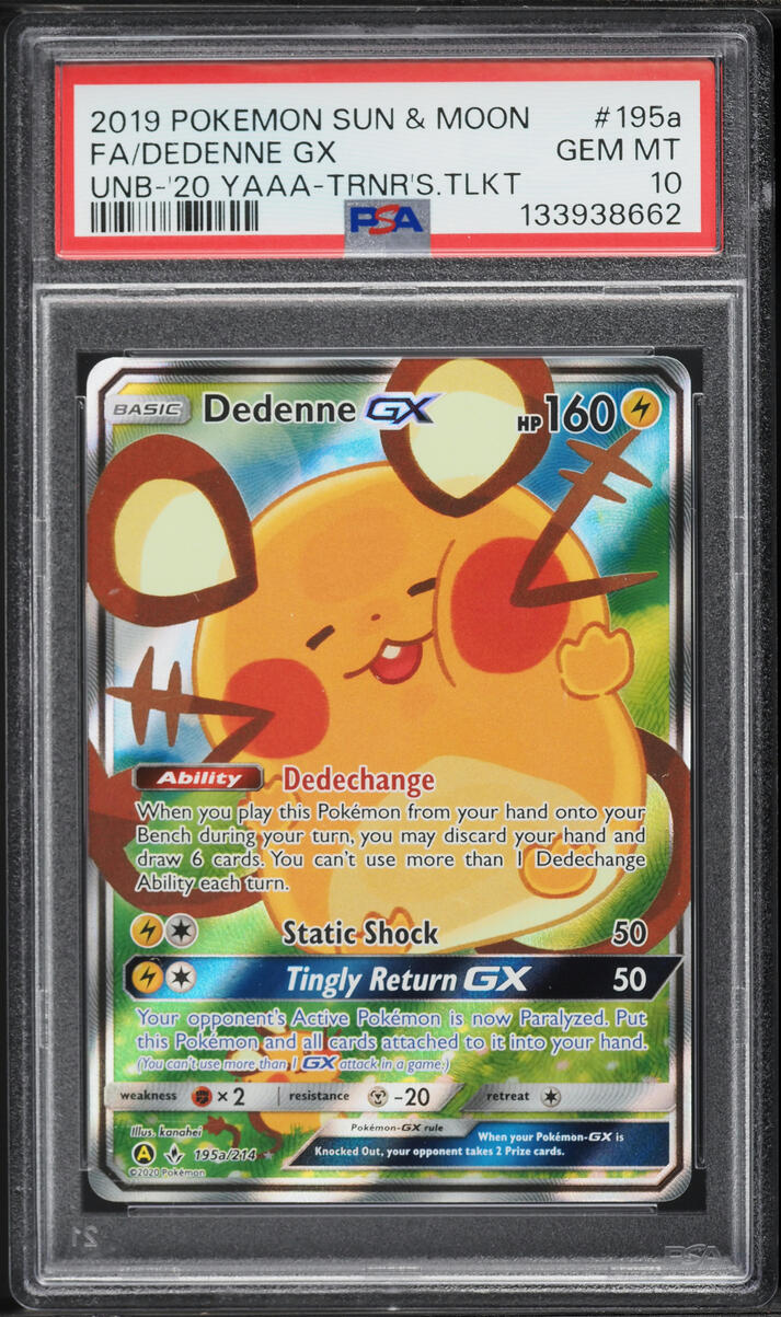 2020 Pokemon Sun & Moon Unbroken Bonds Trainer's Toolkit Full Art Dedenne GX #195a PSA 10 GEM