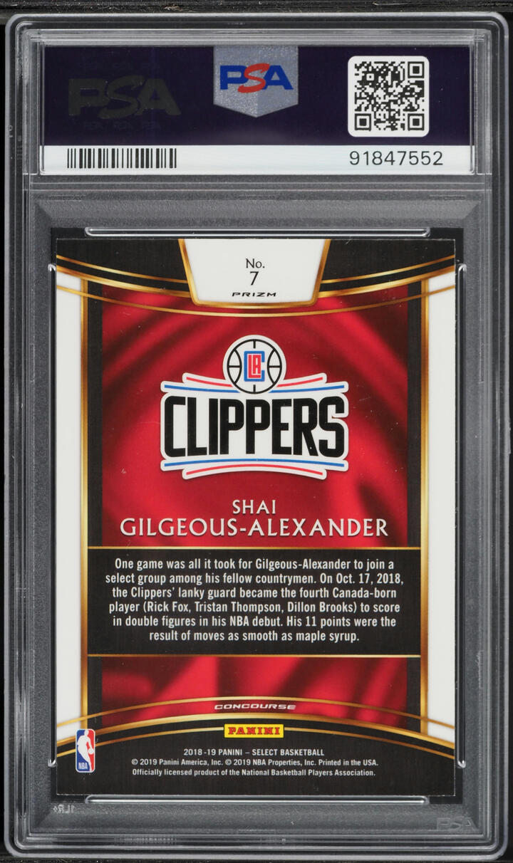 2018 Select Concourse Tri-Color Prizm Shai Gilgeous-Alexander ROOKIE PSA 10 GEM MINT