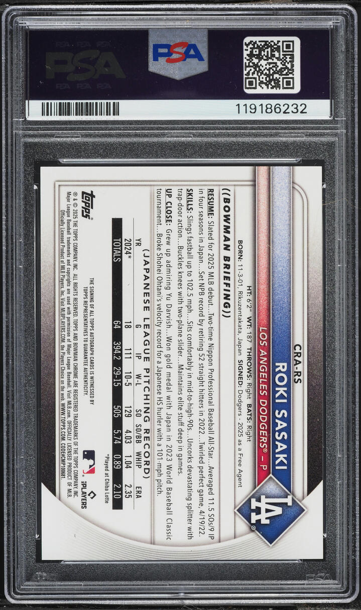 2025 Bowman Chrome Blue Refractor Roki Sasaki ROOKIE AUTO /150 #CRA-RS PSA 10 GEM MINT