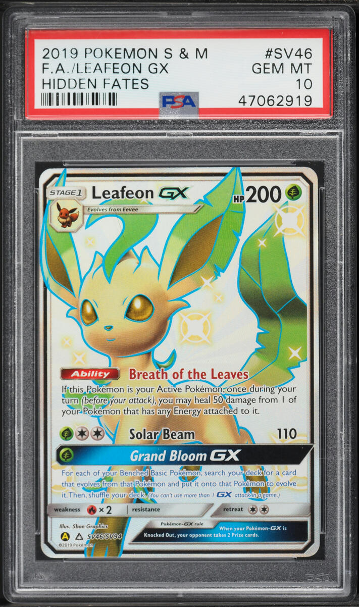 2019 Pokemon Sun & Moon Hidden Fates Shiny Full Art Leafeon GX #SV46 PSA 10 GEM MINT