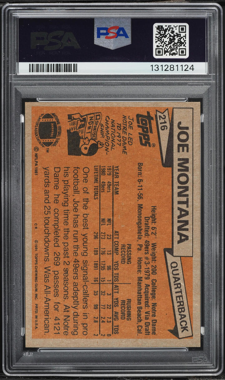 1981 Topps Football Joe Montana ROOKIE #216 PSA 7 NRMT