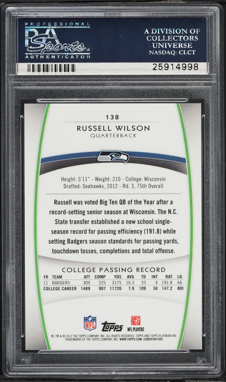 2012 Topps Platinum Purple Refractor Russell Wilson ROOKIE /75 #138 PSA 10 GEM MINT