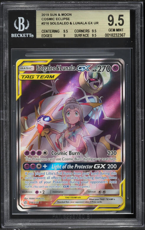 2019 Pokemon Sun & Moon Cosmic Eclipse Solgaleo & Lunala GX #216 BGS 9.5 GEM MINT