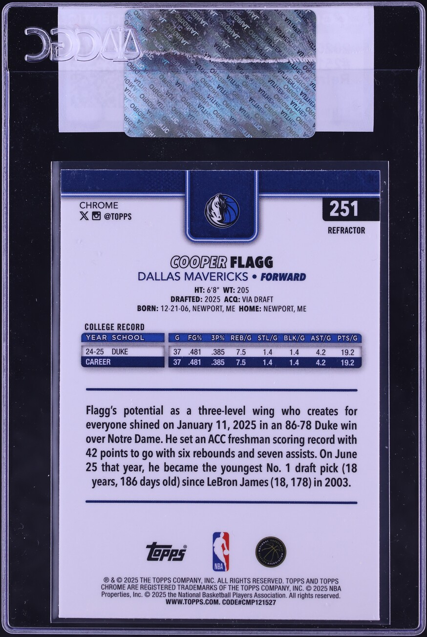 2025 Topps Chrome Refractor Cooper Flagg ROOKIE #251 CGC AUTH