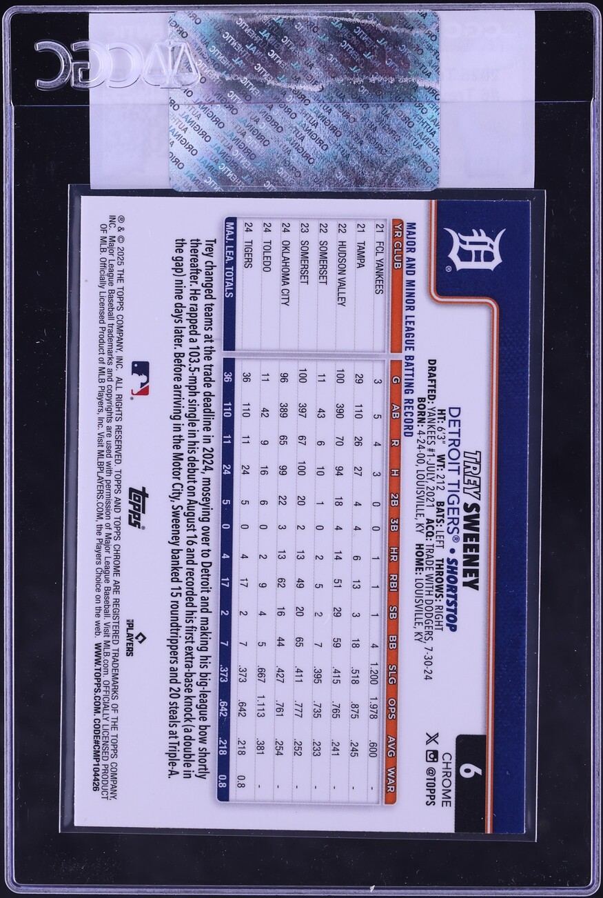 2025 Topps Chrome Sapphire Trey Sweeney ROOKIE #6 CGC AUTH