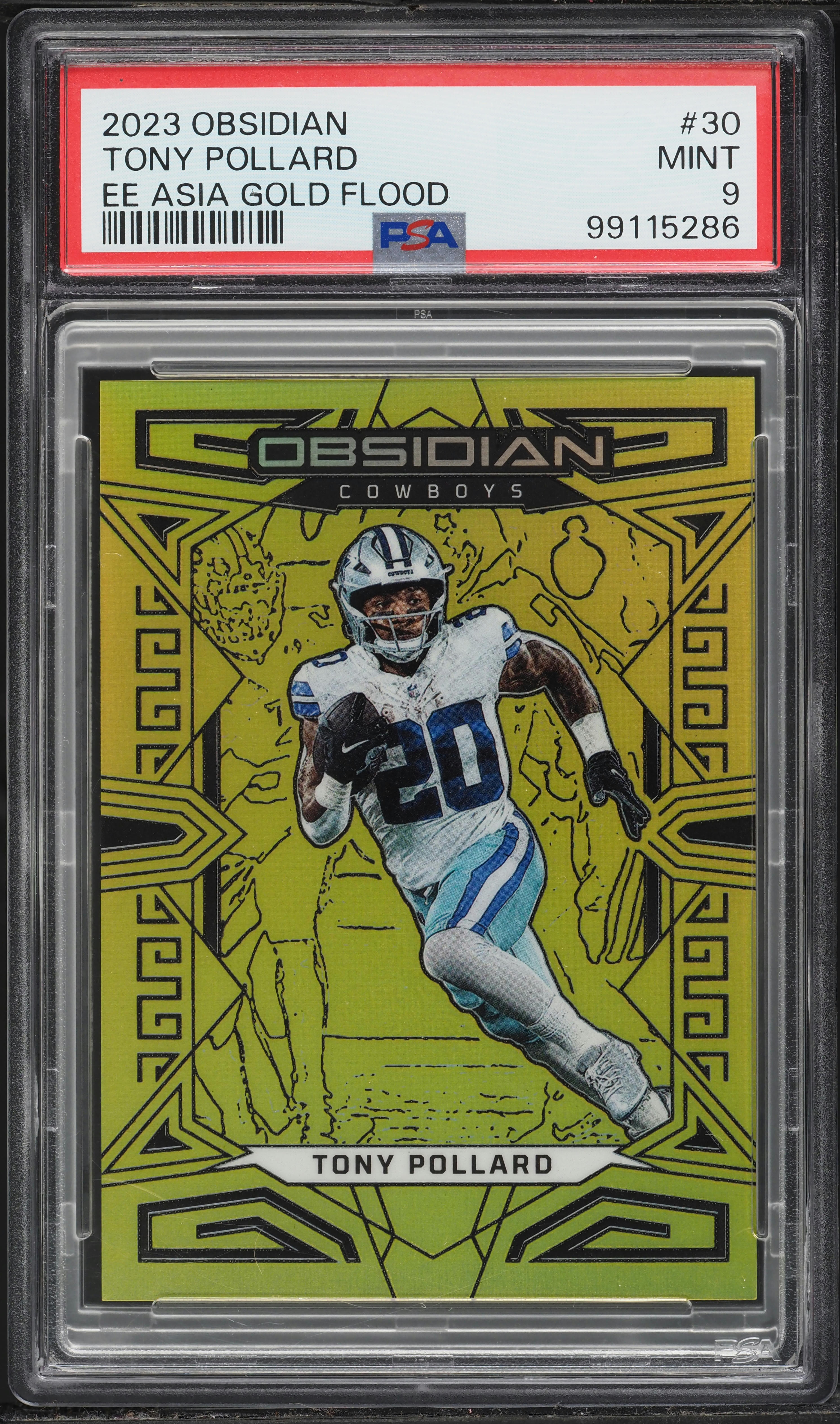 2023 Panini Obsidian Football Asia Electric Etch Gold Flood Tony Pollard #30 PSA 9