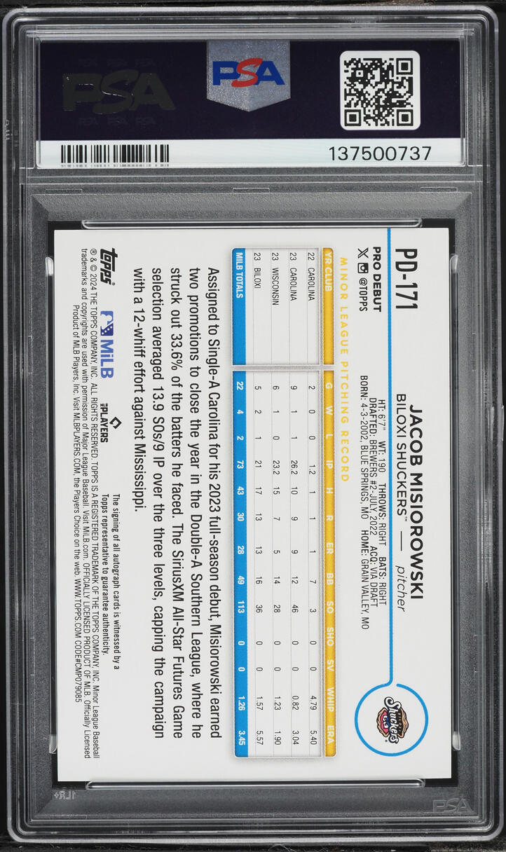 2024 Topps Pro Debut Jacob Misiorowski PROSPECT AUTO #PD171 PSA 8 NM-MT