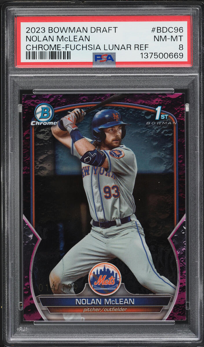 2023 Bowman Draft Chrome Fuchsia Lunar Refractor Nolan McLean PROSPECT /199 #BDC96 PSA 8 NM-MT