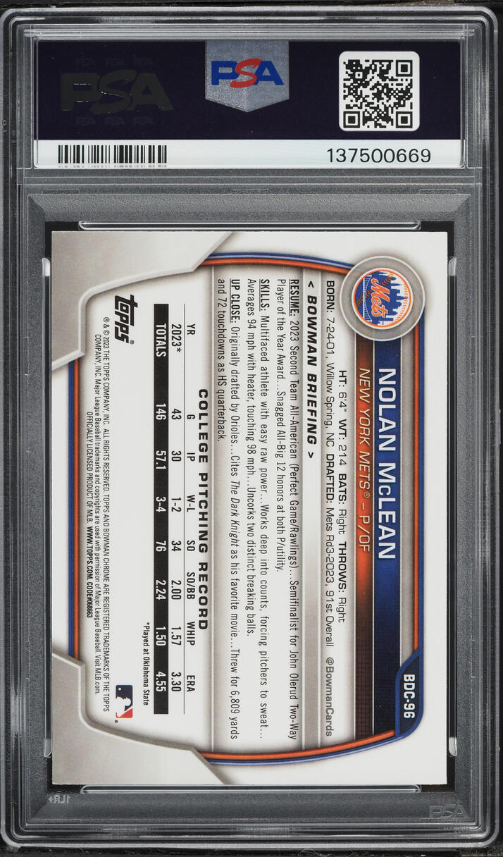 2023 Bowman Draft Chrome Fuchsia Lunar Refractor Nolan McLean PROSPECT /199 #BDC96 PSA 8 NM-MT