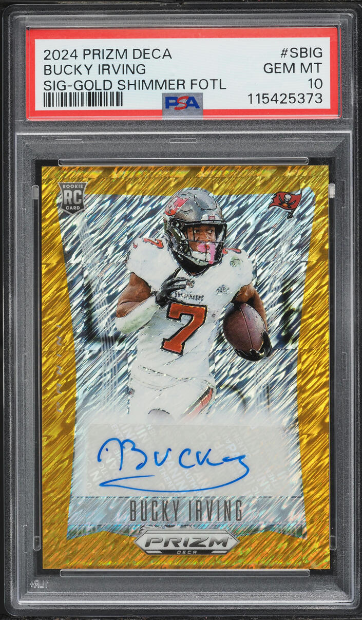 2024 Panini Prizm Deca Gold Shimmer FOTL Bucky Irving ROOKIE AUTO 1/10 #SBIG PSA 10 GEM MINT