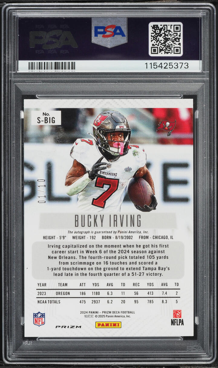 2024 Panini Prizm Deca Gold Shimmer FOTL Bucky Irving ROOKIE AUTO 1/10 #SBIG PSA 10 GEM MINT
