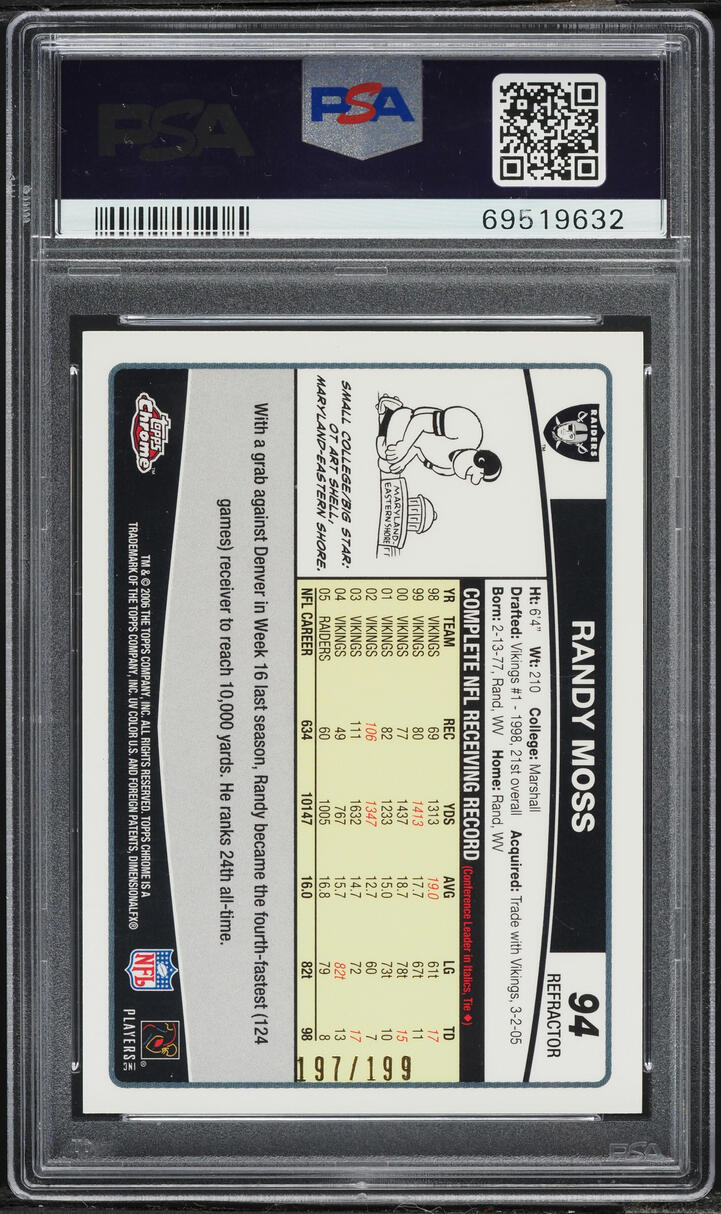 2006 Topps Chrome Black Refractor Randy Moss /199 #94 PSA 9 MINT
