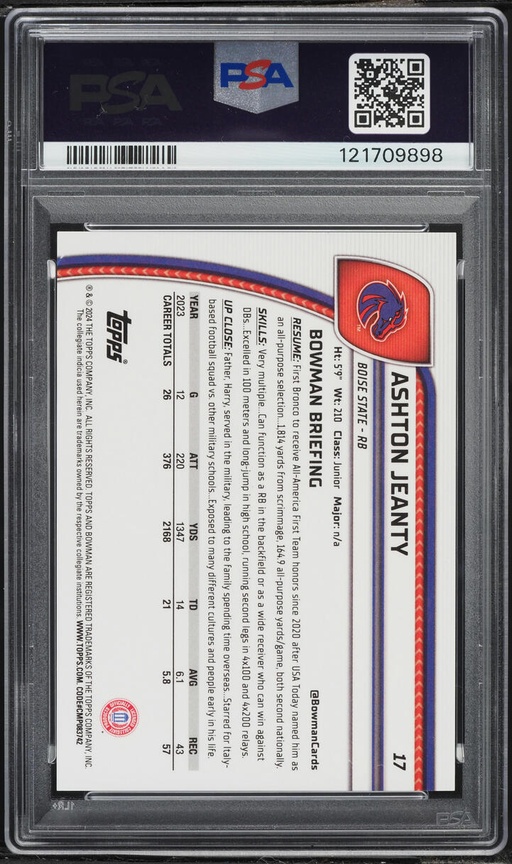 2024 Bowman University Chrome Sapphire Black Refractor Ashton Jeanty /10 #17 PSA 10 GEM MINT