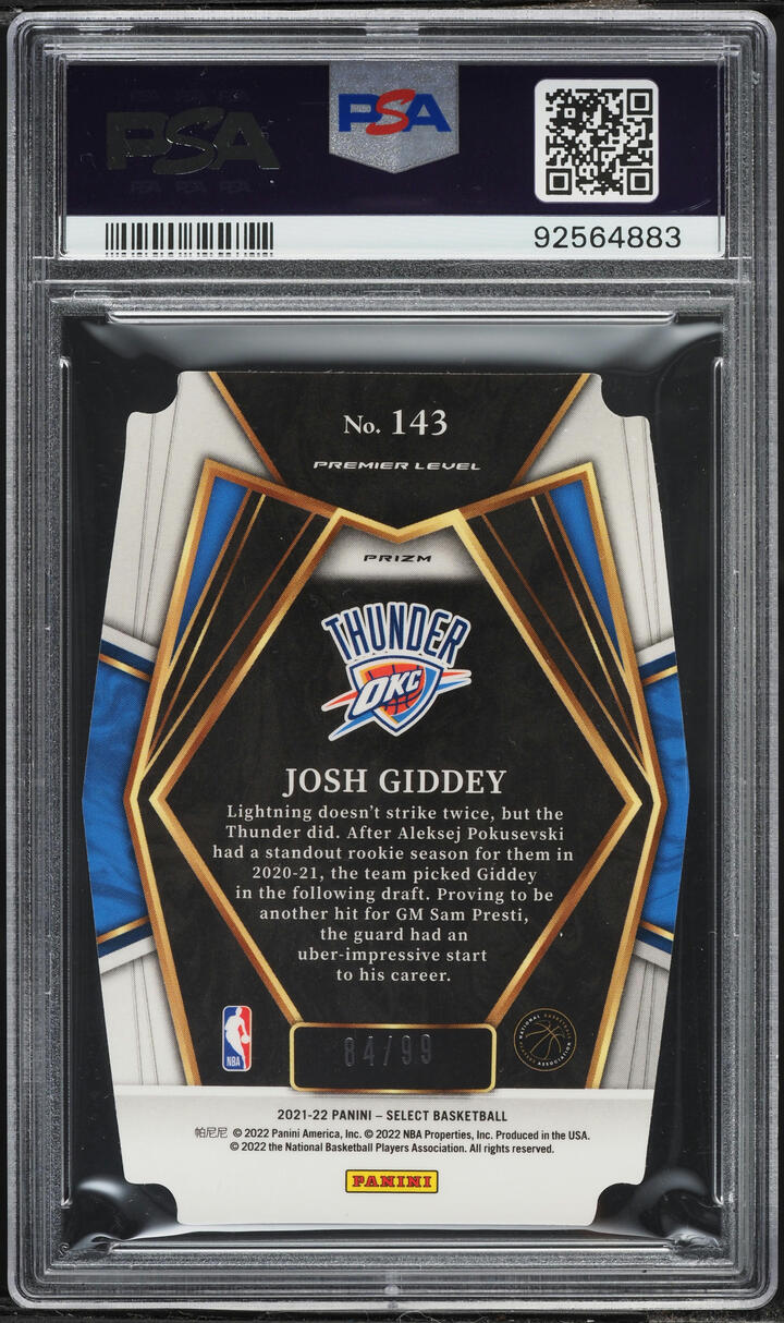 2021 Select Premier Level Purple Prizm Die-Cut Josh Giddey ROOKIE /99 #143 PSA 10 GEM MINT