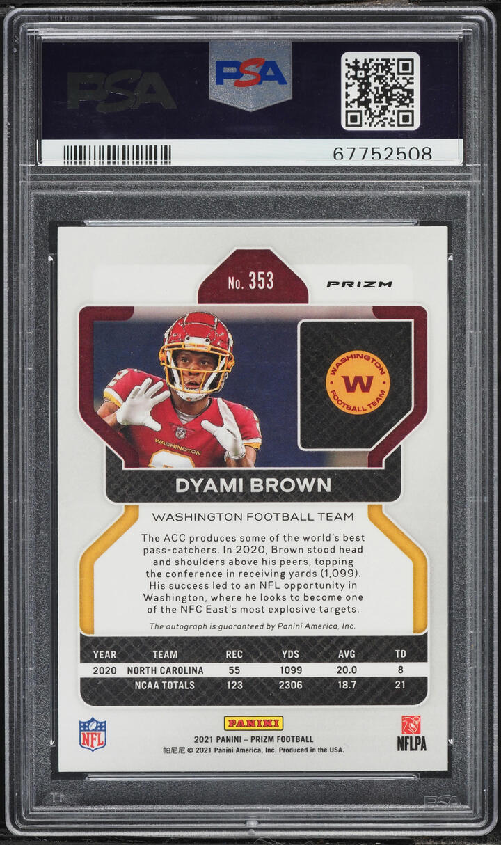 2021 Panini Prizm No Huddle Dyami Brown ROOKIE AUTO DNA 10 #353 PSA 9 MINT