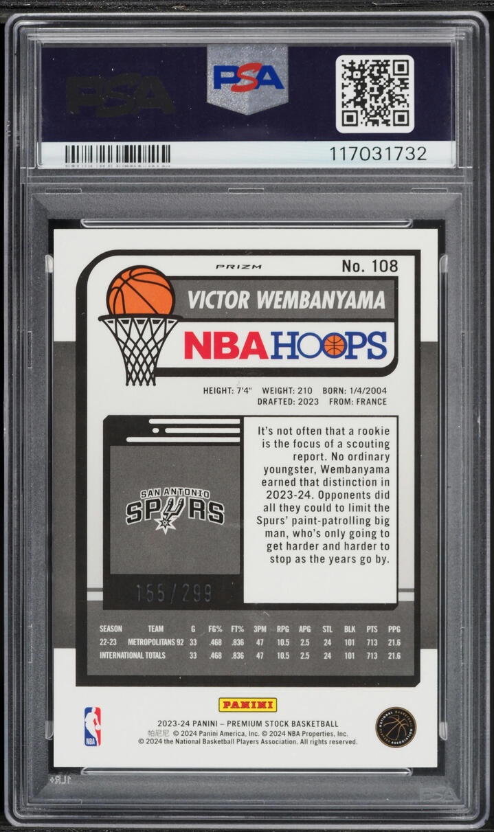 2023 Hoops Premium Stock Orange Prizm Victor Wembanyama ROOKIE /299 #108 PSA 10 GEM MINT