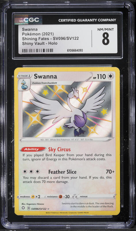2021 Pokemon Sword & Shield Shining Fates Shiny Vault Holo Swanna #SV096 CGC 8 NM-MT
