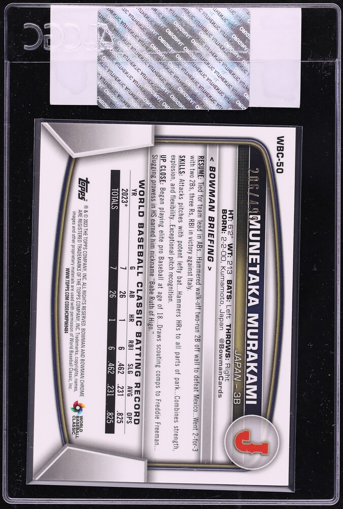 2023 Bowman Chrome WBC Flags Refractor Munetaka Murakami PROSPECT /499 #WBC-50 CGC AUTH