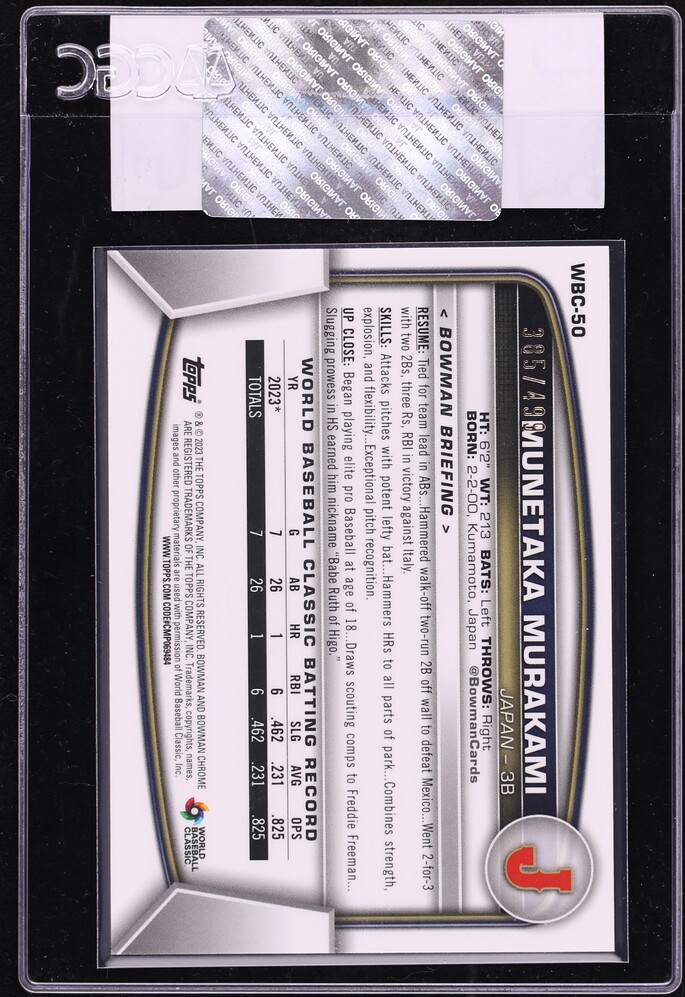 2023 Bowman Chrome WBC Flags Refractor Munetaka Murakami PROSPECT /499 #WBC-50 CGC AUTH