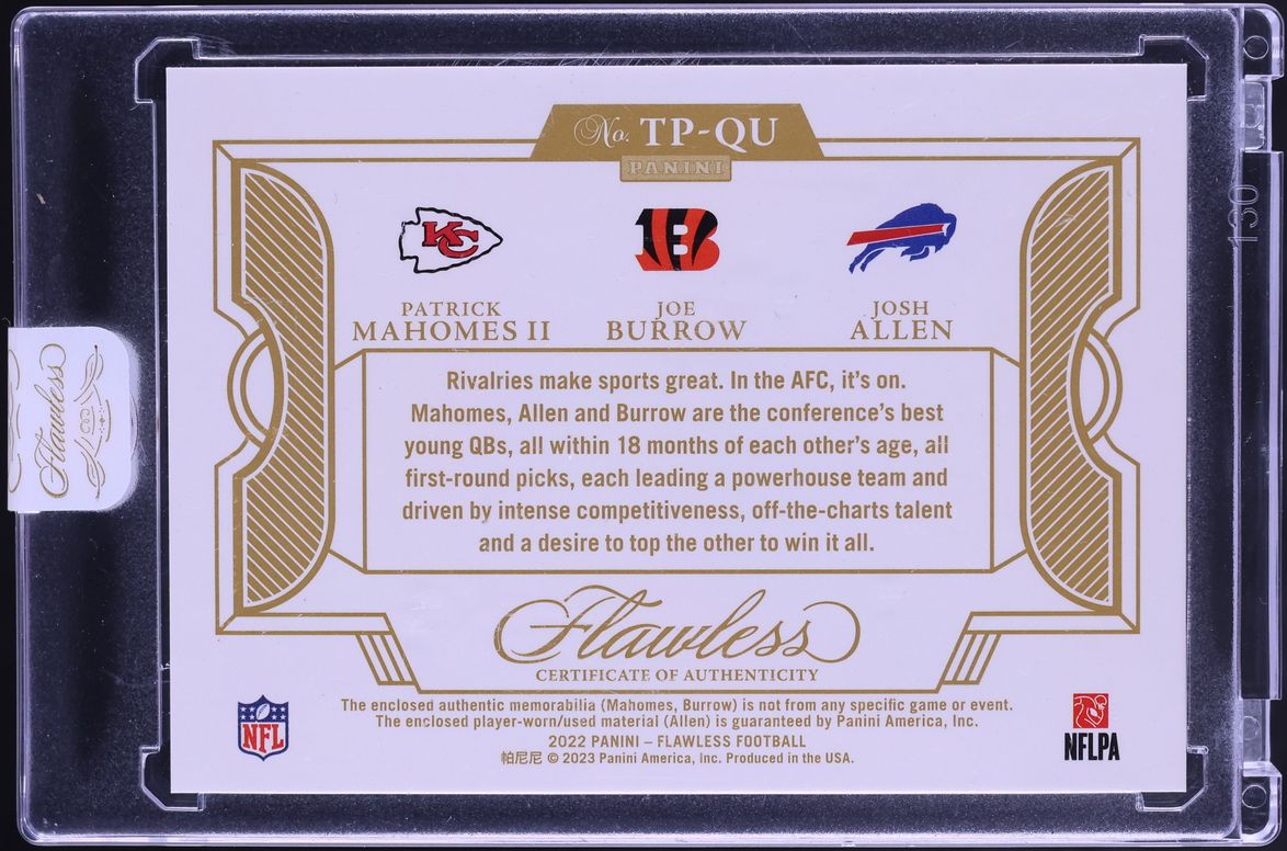 2022 Panini Flawless Triple Ruby Patrick Mahomes II Joe Burrow Josh Allen PATCH /15 #TP-QU