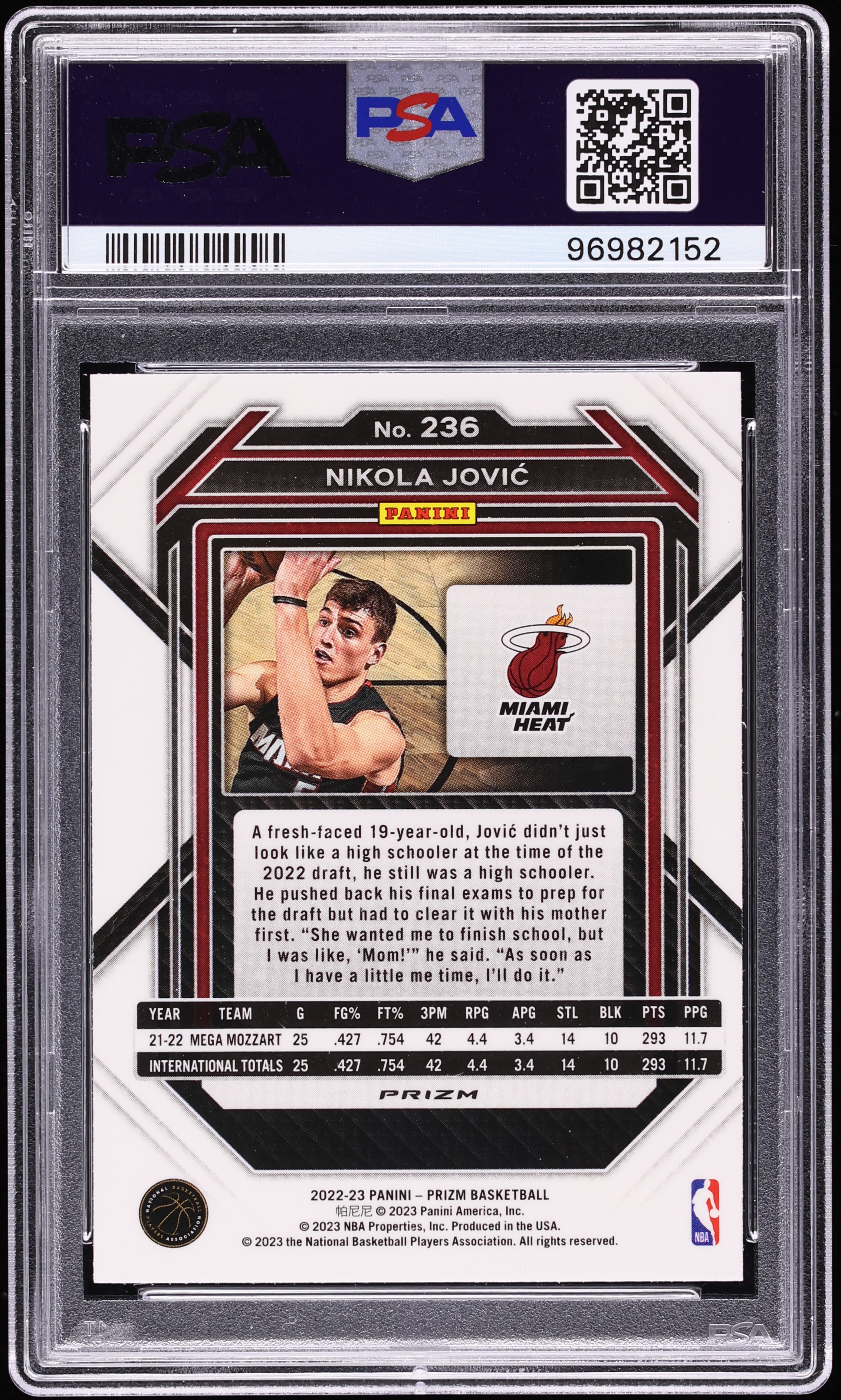2022 Panini Prizm Silver Nikola Jovic ROOKIE #236 PSA 10 GEM MINT