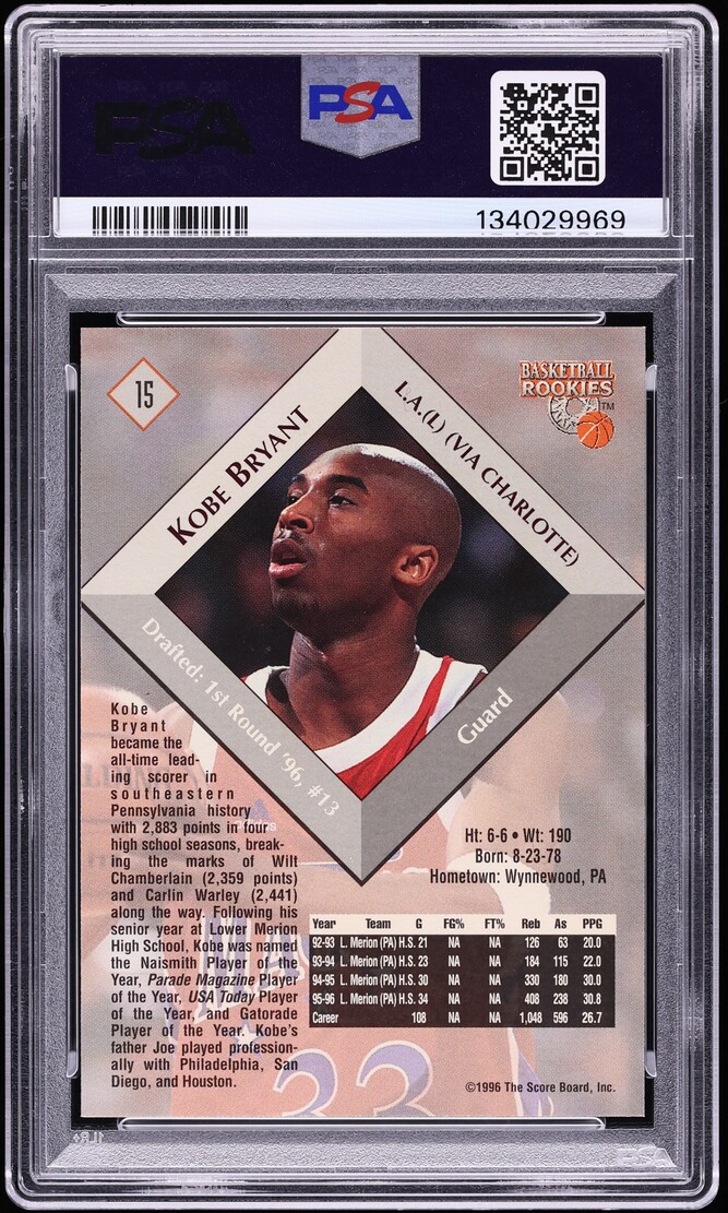 1996 Score Board Basketball Kobe Bryant ROOKIE #15 PSA 9 MINT