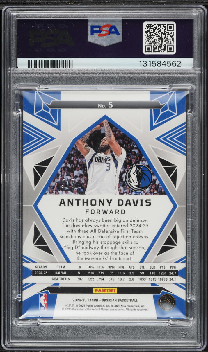 2024 Panini Obsidian Electric Etch Deep Sea Anthony Davis JERSEY # 3/5 #5 PSA 9 MINT