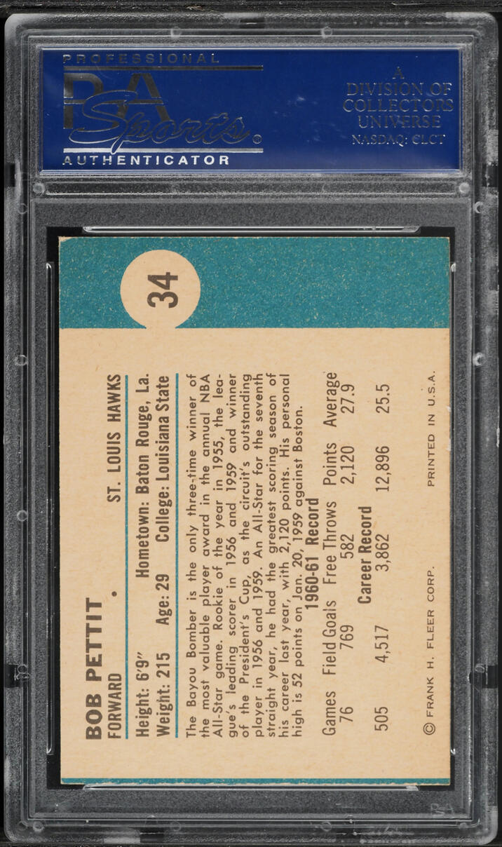 1961 Fleer Basketball Bob Pettit #34 PSA 9(oc) MINT