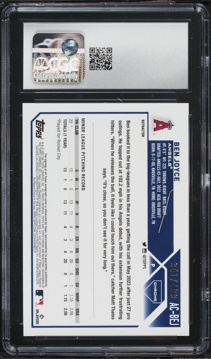 2023 Topps Chrome Update Refractor Ben Joyce ROOKIE AUTO /499 #AC-BEJ CGC 10 GEM MINT