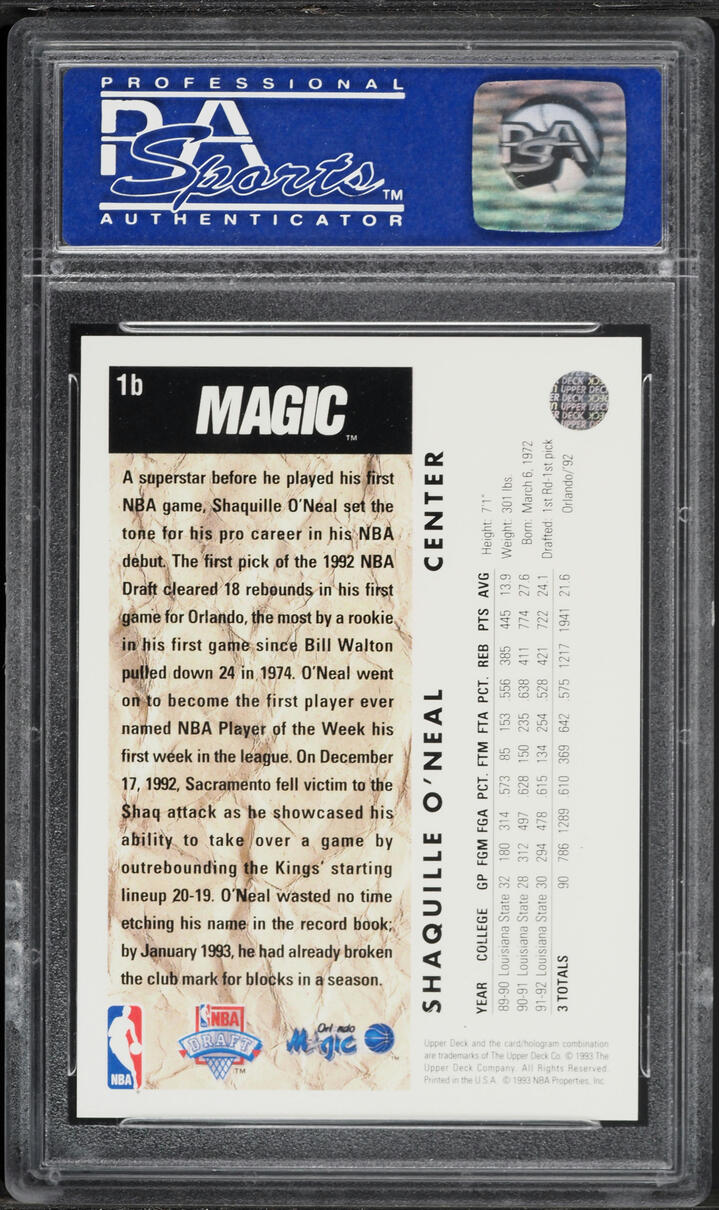 1992 Upper Deck Trade Card Shaquille O'Neal ROOKIE #1B PSA 9 MINT