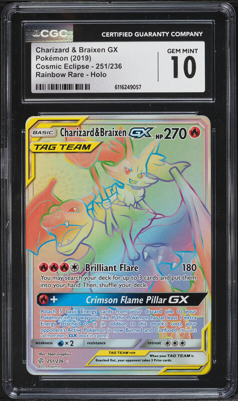 2019 Pokemon Sun & Moon Cosmic Eclipse Rainbow Rare Charizard & Braixen GX #251 CGC 10 GEM MINT