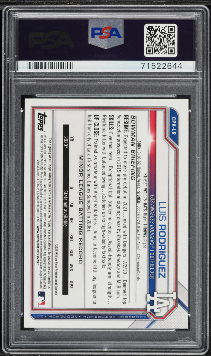 2021 Bowman Chrome Atomic Refractor Luis Rodriguez PROSPECT AUTO /100 #CPALR PSA/DNA 10