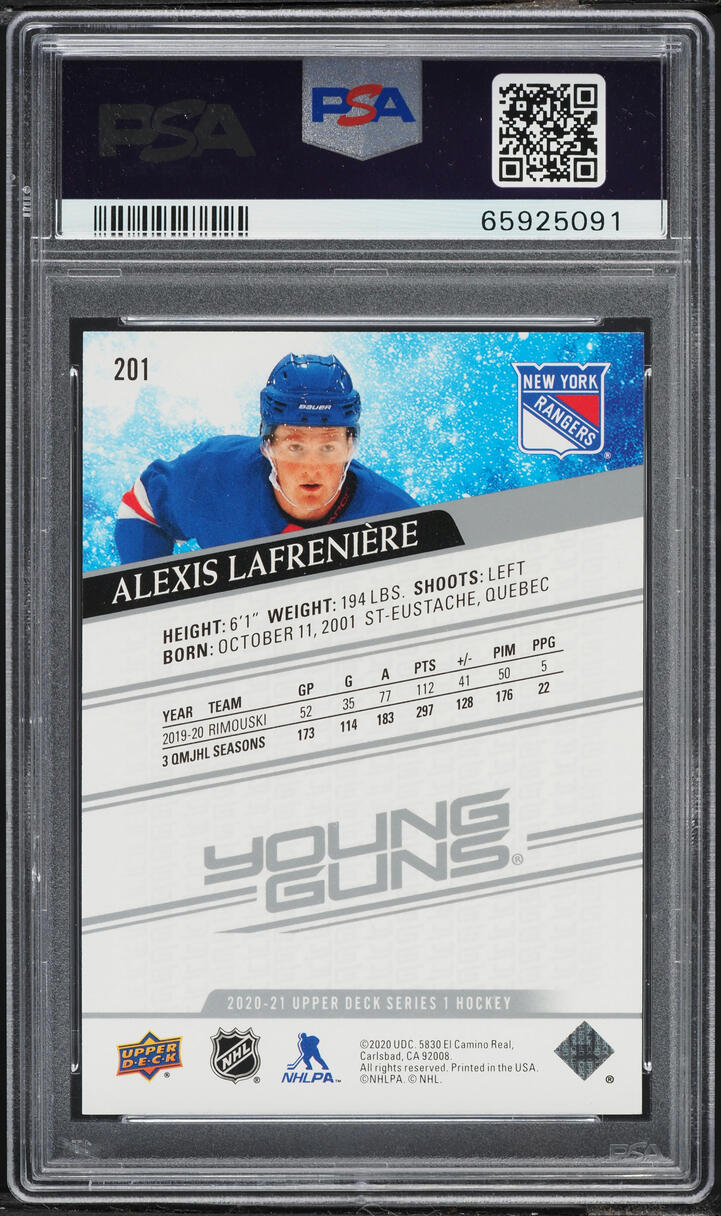 2020 Upper Deck Young Guns Alexis Lafreniere ROOKIE #201 PSA 9 MINT