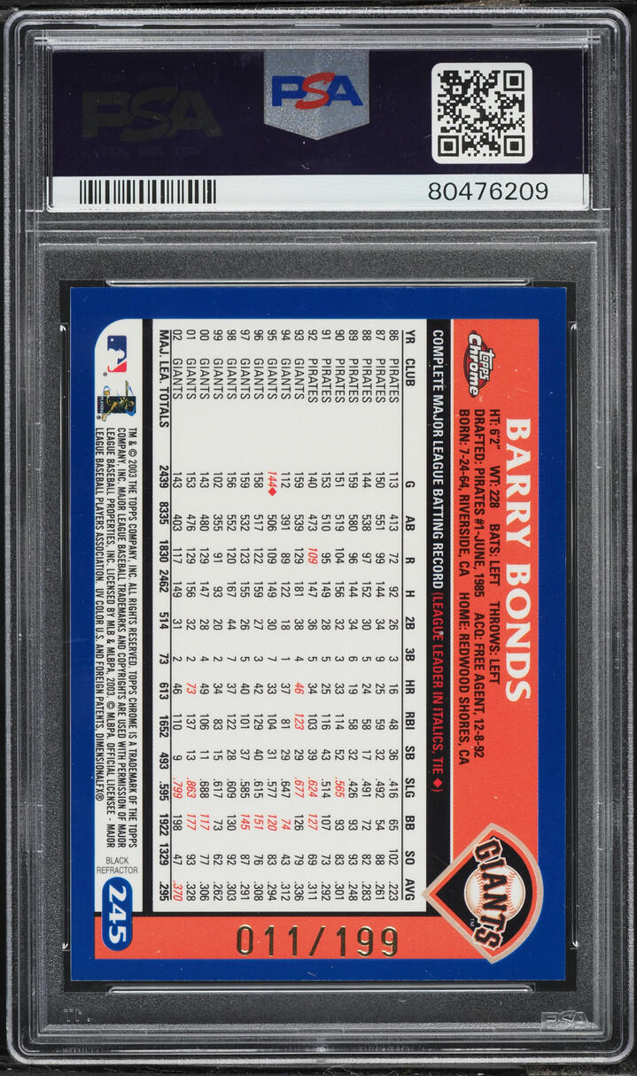 2003 Topps Chrome Black Refractor Barry Bonds /199 #245 PSA 9 MINT