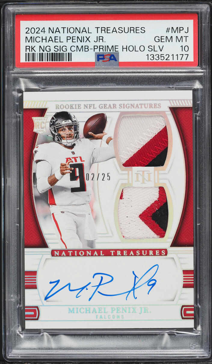 2024 National Treasures NFL Prime Holo Silver Michael Penix Jr. RC PATCH AUTO /25 PSA 10 GEM