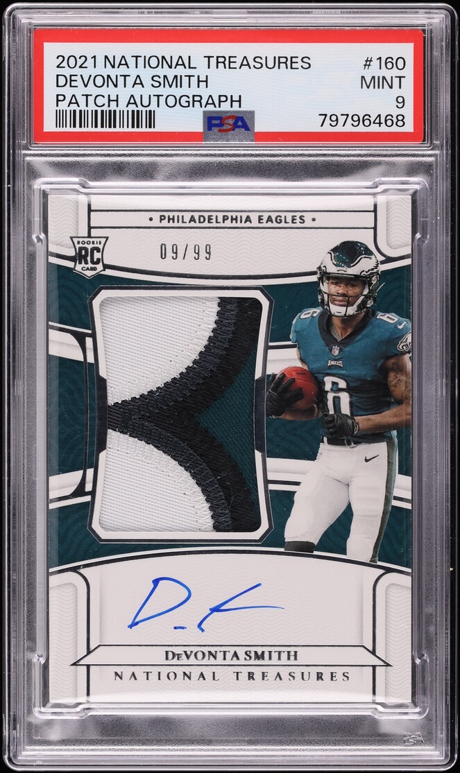 2021 National Treasures DeVonta Smith ROOKIE PATCH AUTO /99 #160 PSA 9 MINT