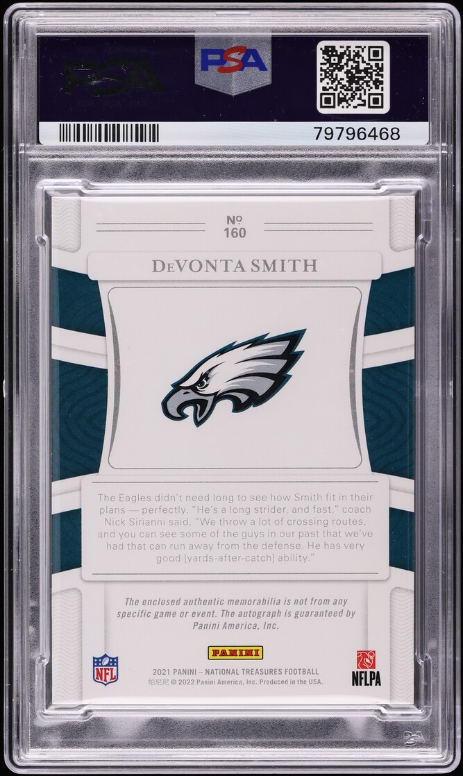 2021 National Treasures DeVonta Smith ROOKIE PATCH AUTO /99 #160 PSA 9 MINT