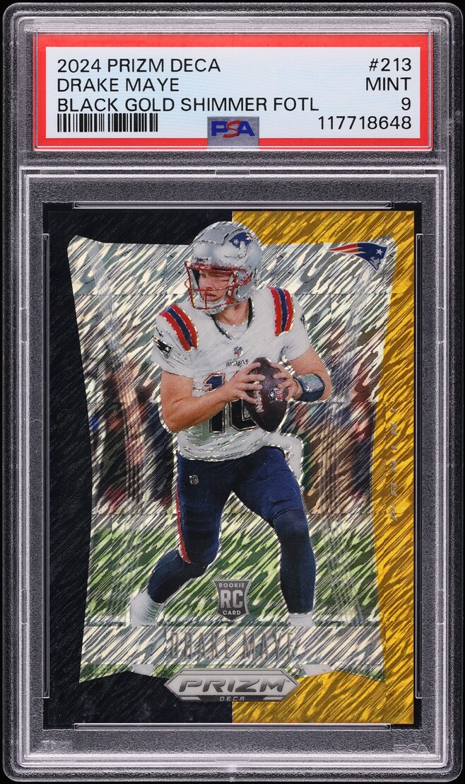 2024 Panini Prizm Deca Black Gold Shimmer FOTL Drake Maye ROOKIE 1/8 #213 PSA 9 MINT