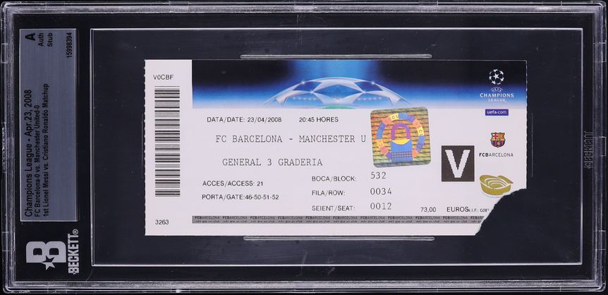 2008 Champions League Ticket Stub 1st Lionel Messi Vs. Cristiano Ronaldo Matchup BGS AUTH