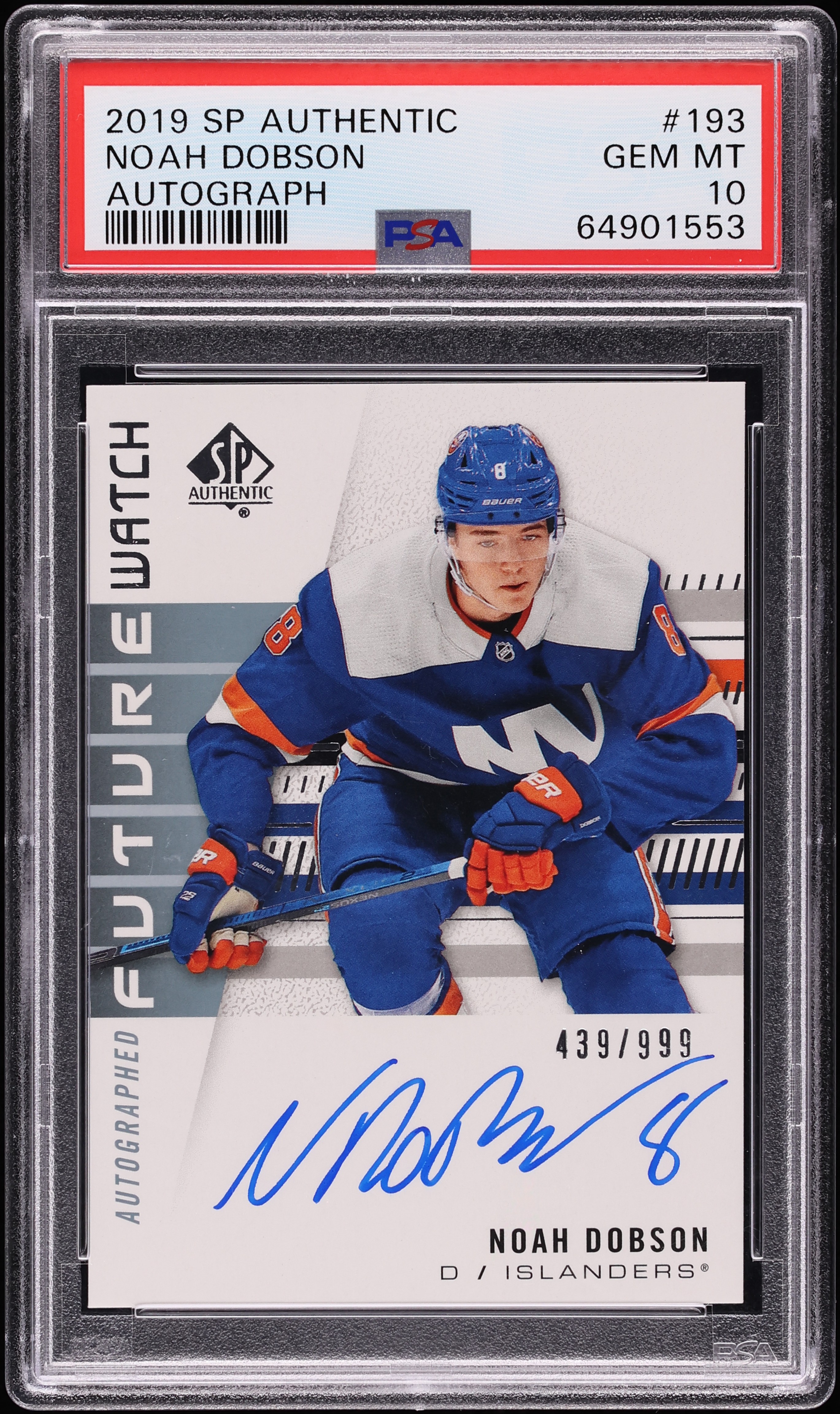2019 Sp Authentic Noah Dobson ROOKIE AUTO /999 #193 PSA 10 GEM